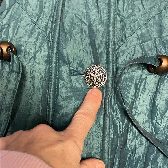 Vintage 80s/90s Teal Hooded velvet accent Coat with faux Fur Trim - Picture 8 of 12